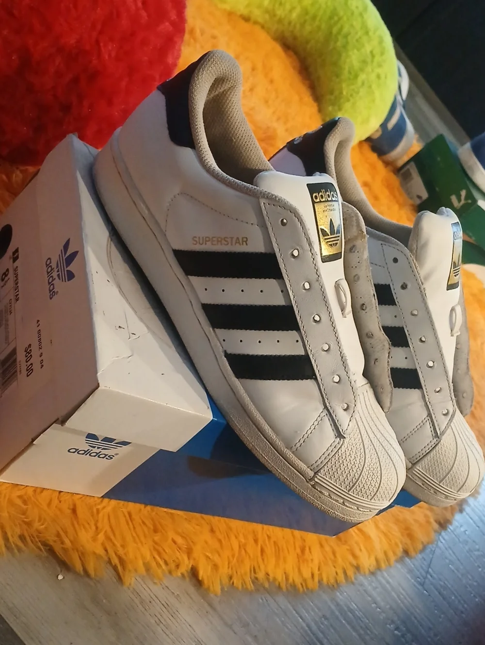 adidas Men's White Superstar Sneakers with Black Stripes